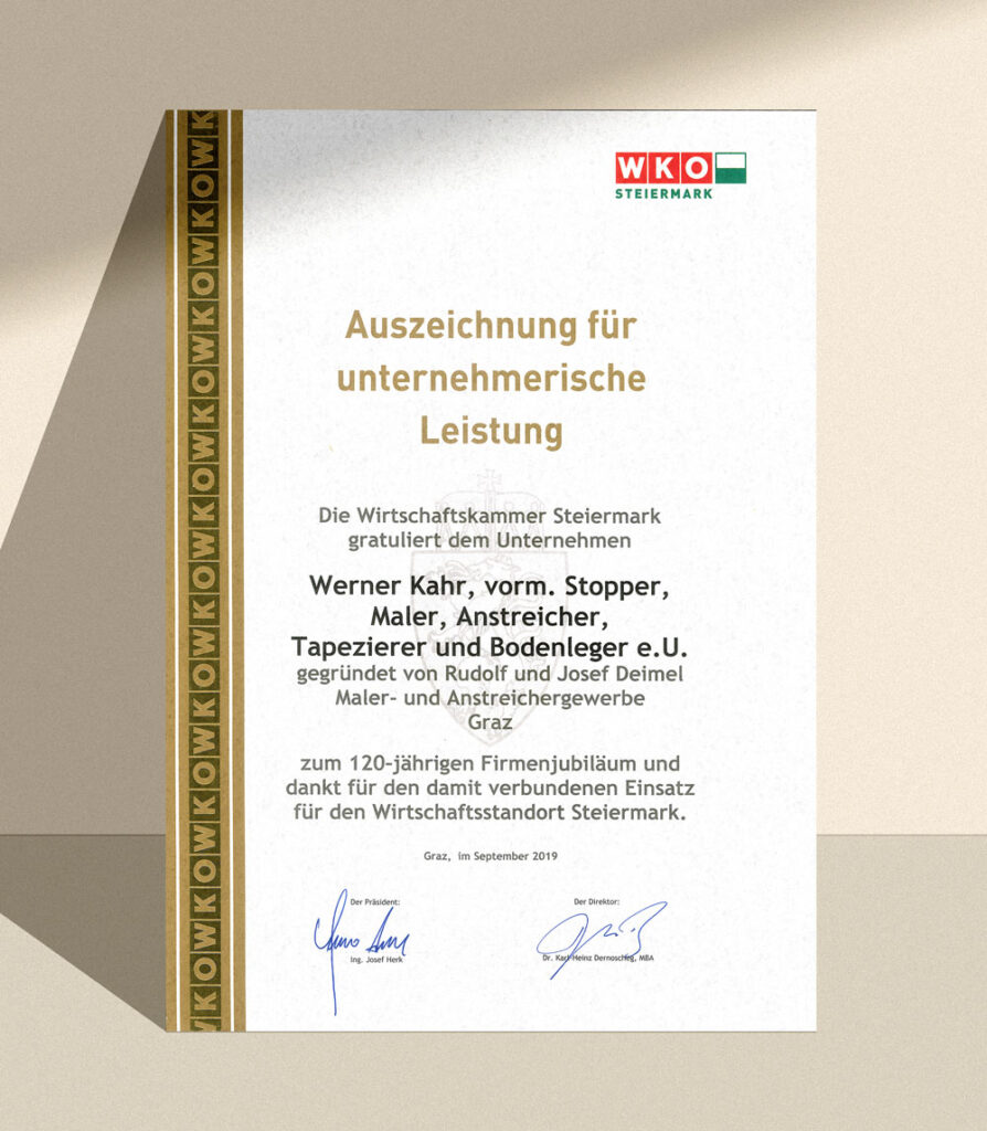 Malermeister Kahr Gmbh - Zertifikat - Maler Graz und Graz Umgebung